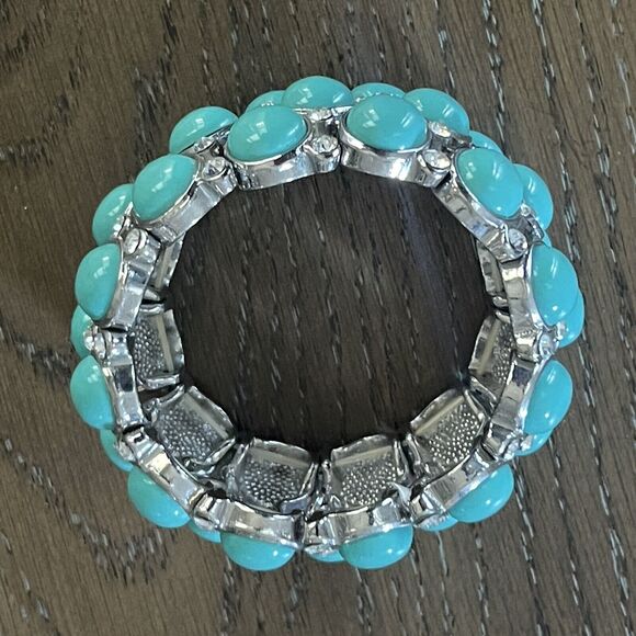 Faux Turquoise Silver Rhinestone Bracelet Women One Size Stretch Aztec Fashion - Picture 2 of 5